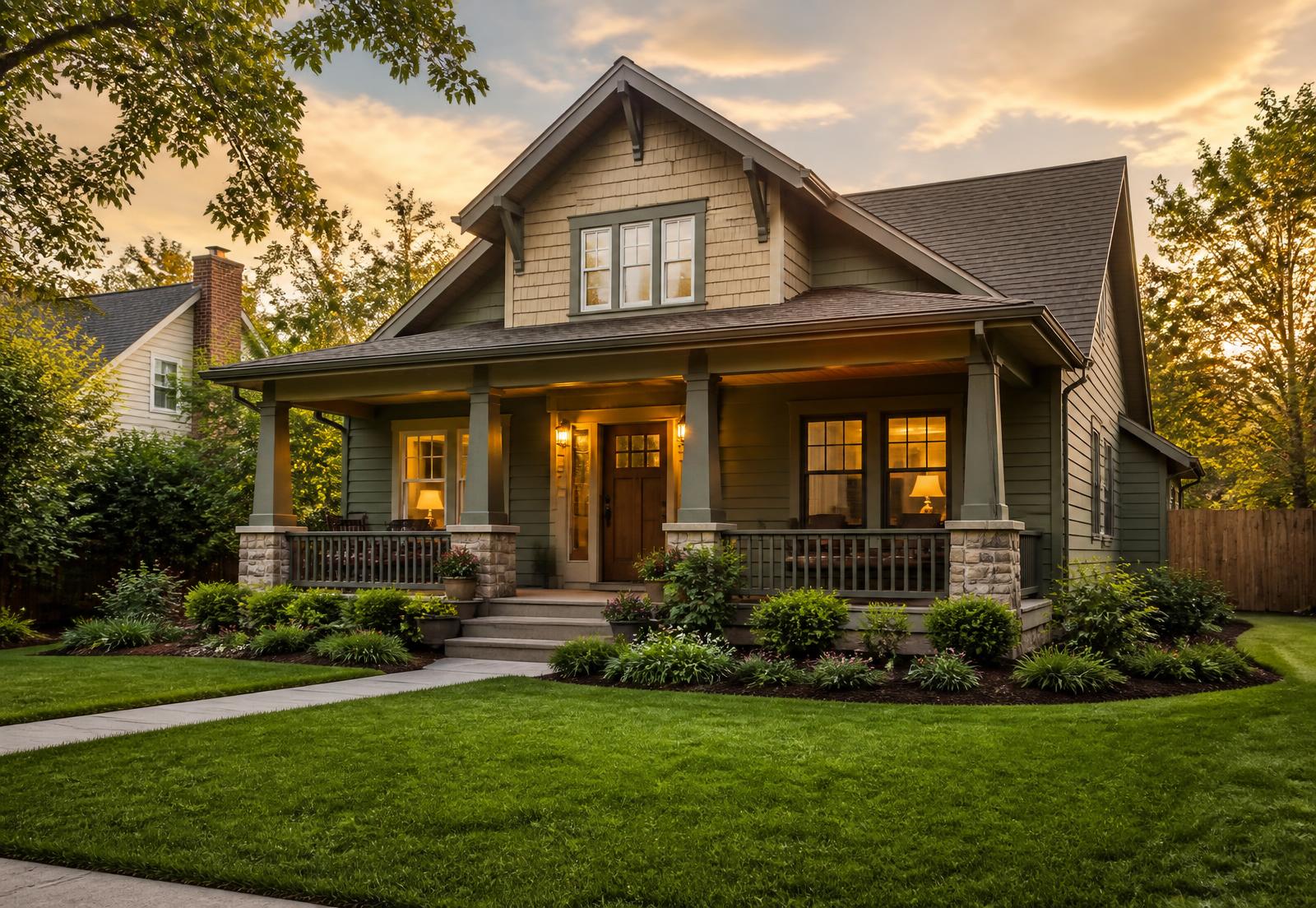 Craftsman rental home with a wide front porch at golden hour
